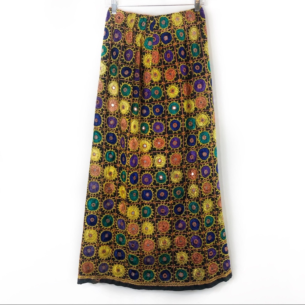 Vintage reflective sunburst embroidered solar boho hippie maxi skirt